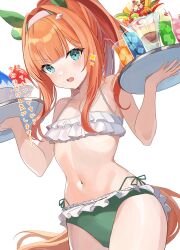Rule 34 | 1girl, absurdres, animal ears, bad id, bad twitter id, blue eyes, blush, breasts, cleavage, collarbone, cup, drinking glass, food, hair ornament, headband, highres, hiyoko neneko, horse ears, horse girl, horse tail, juice, looking at viewer, navel, open mouth, orange hair, ponytail, shaved ice, silence suzuka (umamusume), simple background, small breasts, solo, sparkle, swimsuit, tail, translation request, tray, umamusume, white background