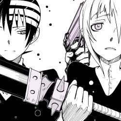 Rule 34 | 00s, 1boy, androgynous, black hair, closed mouth, crona (soul eater), death the kid, gun, handgun, high collar, holding, holding sword, holding weapon, imawano lem, monochrome, multicolored hair, open mouth, parted lips, pistol, ragnarok (demon sword), short hair, simple background, smirk, soul eater, spikes, sword, two-tone hair, upper body, weapon, white background, white hair