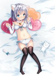 Rule 34 | 1girl, animal ears, bell, black thighhighs, blue eyes, blush, bra, breasts, cat ears, cat girl, cat tail, embarrassed, heart, heart-shaped pillow, highres, jingle bell, kohaku muro, looking at viewer, navel, on bed, original, panties, pillow, polka dot, polka dot bra, polka dot panties, short hair, silver hair, small breasts, solo, tail, thighhighs, underwear, underwear only