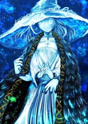 Rule 34 | 1girl, blue background, blue dress, blue eyes, blue hair, blue hat, blue skin, blue theme, cloak, closed mouth, colored skin, cracked skin, dress, elden ring, extra arms, extra faces, fur cloak, hat, highres, jewelry, joints, kotoba noriaki, long sleeves, looking at viewer, one eye closed, own hands together, ranni the witch, ring, sky, solo, star (sky), starry sky, witch hat