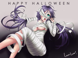 Rule 34 | 1girl, :o, absurdres, ahoge, aqua eyes, bandages, breasts, feet out of frame, gradient background, halloween, highres, kagami com, long hair, love live!, love live! school idol project, mummy costume, one eye covered, purple eyes, solo, teeth, tojo nozomi, twintails, underboob, upper teeth only, wrapped up