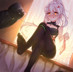 Rule 34 | 1girl, :q, ayanami (azur lane), azur lane, black pantyhose, black shorts, blush, bow, bow panties, breasts, brown eyes, cleavage, closed mouth, commentary, crossed legs, curtains, dutch angle, glowing, glowing eyes, hair ornament, hand up, high ponytail, holding, holding clothes, holding panties, holding underwear, long hair, medium breasts, no shoes, nose blush, panties, unworn panties, panties under pantyhose, pantyhose, pink panties, ponytail, prpr friends, short shorts, shorts, unworn shorts, silver hair, sitting, smile, soles, solo, thighband pantyhose, tongue, tongue out, transparent, underwear, very long hair, window