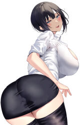 Rule 34 | 1girl, absurdres, asaka karin, ass, black hair, black skirt, black thighhighs, blue eyes, blush, breasts, commentary request, from behind, highres, large breasts, leaning forward, looking at viewer, looking back, love live!, love live! nijigasaki high school idol club, namazu (yamasonson), parted lips, shirt, short hair, simple background, skirt, smile, solo, thighhighs, white background, white shirt