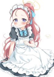 Rule 34 | 1girl, apron, arm support, blue archive, blush, bow, commentary request, forehead, frilled apron, frills, frown, hair bow, hair ribbon, highres, long hair, looking at viewer, maid, maid apron, maid headdress, official alternate costume, official alternate hairstyle, parted bangs, ponytail, purple eyes, red hair, ribbon, short sleeves, sidelocks, signature, simple background, sitting, solo, sugutsuka rerun, white apron, white background, yuzu (blue archive), yuzu (maid) (blue archive)