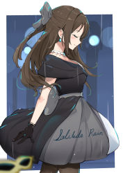 Rule 34 | absurdres, anbasa (amaneyuz13), bare arms, bare shoulders, black bow, black dress, black gloves, black pantyhose, blush, bow, bow hairband, brown hair, closed eyes, closed mouth, collarbone, dress, drop earrings, earrings, evening gown, gloves, hair between eyes, hair bow, hairband, half updo, highres, jewelry, lace, lace gloves, large bow, long hair, love live!, love live! nijigasaki high school idol club, mask, multicolored clothes, necklace, osaka shizuku, pantyhose, rain, sleeveless, sleeveless dress, solitude rain (love live!), solo, standing, water drop