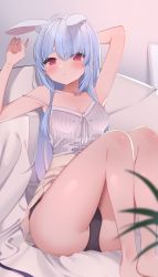 Rule 34 | 1girl, animal ear fluff, animal ears, arms up, bare arms, bare legs, bare shoulders, black panties, blue hair, blush, breasts, camisole, cleavage, collarbone, extra ears, feet out of frame, high-waist skirt, highres, hololive, indoors, knees up, lace, lace-trimmed panties, lace trim, leaning back, long hair, looking at viewer, medium breasts, paid reward available, panties, parted lips, rabbit ears, rabbit girl, red eyes, roin, shirt tucked in, short eyebrows, sitting, skirt, sleeveless, spaghetti strap, strap slip, thick eyebrows, thighs, underwear, usada pekora, virtual youtuber, white camisole, yellow skirt