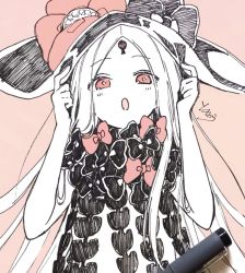 Rule 34 | 1girl, abigail williams (fate), abigail williams (third ascension) (fate), art tools in frame, black bow, black hat, blush, bow, brown background, fate/grand order, fate (series), forehead, hands on headwear, hands up, hat, looking at viewer, parted bangs, parted lips, photo (medium), red bow, red eyes, revealing clothes, signature, simple background, sofra, solo, traditional media, upper body, witch hat