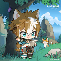 Rule 34 | 1boy, absurdres, afterimage, animal ear fluff, animal ears, aqua eyes, black footwear, black gloves, blue sky, blush, boots, brown hair, chibi, cloud, commentary, copyright name, cropped shirt, day, dog ears, english commentary, fang, fingerless gloves, fox, full body, genshin impact, gloves, gorou (genshin impact), hair between eyes, hair ornament, highres, holding, holding paper, male focus, motion lines, multicolored hair, nose blush, official art, onikabuto (genshin impact), open mouth, outdoors, pants, paper, paw print, rope, shimenawa, short hair, short sleeves, sky, standing, streaked hair, tail, tail wagging, tassel, toeless footwear