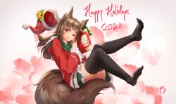 Rule 34 | 1girl, absurdres, animal ears, bell, black thighhighs, breadthree, brown hair, brown tail, christmas, dated, feet, fox ears, fox girl, fox tail, fur-trimmed hood, fur-trimmed jacket, fur-trimmed skirt, fur-trimmed sleeves, fur trim, gift, green scarf, green skirt, happy holidays, hat, highres, holding, holding gift, hood, hooded jacket, jacket, legs up, long hair, long sleeves, looking at viewer, mistletoe, one eye closed, original, pink background, red eyes, red jacket, santa hat, scarf, sitting, skirt, smile, solo, tail, thighhighs, toes, tongue, tongue out, two-tone background, unworn hat, unworn headwear, white background