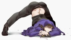 Rule 34 | 1boy, ass, bible (object), black footwear, black pants, book, brown eyes, brown hair, cassock, closed mouth, cross, fate/stay night, fate (series), flexible, highres, holding, holding book, jack-o&#039; challenge, jarjarrua, kotomine kirei, long sleeves, male focus, pants, shadow, simple background, solo, top-down bottom-up, white background
