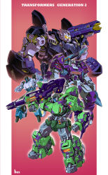 Rule 34 | absurdres, assault visor, camouflage, character name, clenched hands, commentary, copyright notice, ct990413, decepticon, english commentary, highres, kuji-in, looking ahead, looking at viewer, mecha, megatron, missile, multiple persona, no humans, open hand, piston, red eyes, robot, science fiction, scowl, shoulder cannon, transformers