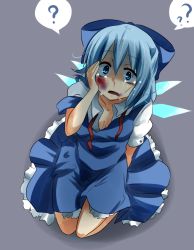 Rule 34 | 1girl, ?, abuse, blood, blood in mouth, blood on face, blue dress, blue eyes, blue hair, bruise, cirno, crying, crying with eyes open, dress, grey background, hand on own cheek, hand on own face, highres, injury, looking at viewer, matching hair/eyes, negiko, nosebleed, open mouth, pov, short hair, simple background, sitting, solo, surprised, tears, touhou, wide-eyed, wings