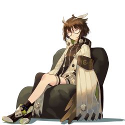 Rule 34 | 1girl, absurdres, animal ears, arknights, bad id, bad twitter id, black socks, brown hair, chair, closed mouth, closed eyes, facing viewer, glasses, highres, mixkechin, short hair, silence (arknights), simple background, sitting, sleeping, socks, solo, white background