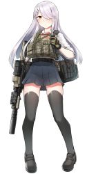 Rule 34 | 1girl, assault rifle, backpack, bag, belt, black belt, black footwear, black skirt, black thighhighs, closed mouth, commentary, dress shirt, full body, gloves, grey gloves, gun, hair ornament, hair over one eye, hairclip, harness, heart, highres, holding, holding gun, holding weapon, k0ng, light blush, loafers, long hair, looking at viewer, miniskirt, original, pleated skirt, red eyes, rifle, school uniform, scope, shirt, shoes, silver hair, simple background, skirt, sleeves rolled up, solo, standing, thighhighs, weapon, white background, white shirt