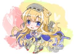 Rule 34 | 1girl, blonde hair, blue eyes, blue shirt, breasts, cannon, cargo net, chibi, cleavage, double bun, fletcher (kancolle), full body, gloves, hair bun, hair ornament, hairband, hall jion, highres, kantai collection, leaning forward, long hair, looking at viewer, machinery, multicolored background, neckerchief, off shoulder, pleated skirt, rudder footwear, sailor collar, school uniform, serafuku, shin guards, shirt, skirt, smile, smokestack, solo, star (symbol), thighhighs, turret, white gloves, white sailor collar, white skirt, white thighhighs, yellow neckerchief