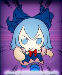 Rule 34 | 1girl, blue dress, blue eyes, blue footwear, blue hair, bow, chibi, chromatic aberration, cirno, commentary, dress, english commentary, fumo (doll), highres, medium hair, red bow, running, running towards viewer, signature, skullchimes, solo, speed lines, touhou, v-shaped eyebrows, vhs artifacts