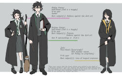 Rule 34 | 1boy, 2girls, andrew graves, ashley graves, black footwear, black hair, black robe, crossover, english text, green eyes, green necktie, grey background, grey skirt, grey vest, hair over one eye, harry potter (series), highres, holding, holding mop, holding wand, hufflepuff, julia (the coffin of andy and leyley), mop, multiple girls, necktie, pink eyes, robe, siblings, skirt, slytherin, the coffin of andy and leyley, vest, wand, wizarding world, yellow eyes, yellow necktie