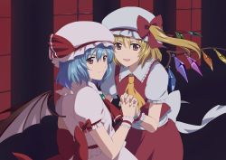 Rule 34 | 2girls, :d, anime coloring, ascot, bad id, bad pixiv id, bat wings, blonde hair, blue hair, bow, female focus, flandre scarlet, holding hands, hat, hat bow, hat ribbon, highres, interlocked fingers, looking at viewer, multiple girls, open mouth, puffy short sleeves, puffy sleeves, red eyes, remilia scarlet, ribbon, short hair, short sleeves, siblings, side ponytail, sisters, skirt, skirt set, smile, touhou, tuyuki8696, window, wings, wrist cuffs