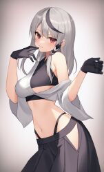 Rule 34 | 1girl, black gloves, black hair, black skirt, closed mouth, crop top, ear piercing, fang, finger to mouth, gloves, grey hair, highres, hip vent, hololive, light smile, long hair, looking at viewer, multicolored hair, navel, off shoulder, piercing, pleated skirt, red eyes, sakamata chloe, sidelocks, skirt, solo, stomach, streaked hair, thomas 8000, virtual youtuber