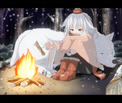 Rule 34 | 1girl, animal ears, anime coloring, boots, campfire, female focus, forest, hat, highres, inubashiri momiji, letterboxed, nature, night, red eyes, sachishiro pengin, scarf, sitting, snow, solo, tokin hat, touhou, white hair, winter, wolf, wolf ears