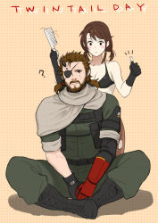Rule 34 | 1boy, 1girl, ?, bikini, bikini top only, blush, blush stickers, brown hair, comb, eyepatch, gloves, mechanical arms, metal gear (series), metal gear solid v: the phantom pain, nagi (siki2n), pantyhose, quiet (metal gear), scar, single mechanical arm, sitting, smile, swimsuit, thumbs up, torn clothes, torn legwear, twintails, twintails day, venom snake