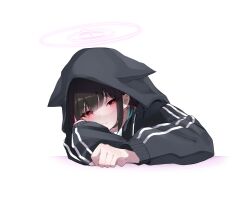 Rule 34 | 1girl, black choker, black hair, black jacket, blue archive, choker, closed mouth, exiadoon, halo, hood, hooded jacket, jacket, kazusa (blue archive), long sleeves, looking at viewer, multicolored hair, pink hair, red eyes, simple background, solo, two-tone hair, white background
