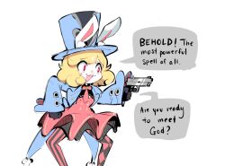 Rule 34 | 1girl, animal ears, black gloves, blonde hair, buttons, chiikadayo, dress, english text, female focus, finii (omega strikers), gloves, gun, hat, heart button, holding, holding gun, holding weapon, magician, meme, necktie, omega strikers, open mouth, pantyhose, rabbit ears, rabbit girl, red eyes, simple background, skirt, smug, solo, speech bubble, standing, tareme, top hat, weapon, white background, wide sleeves
