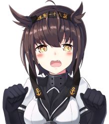 Rule 34 | 10s, 1girl, ahoge, anchor symbol, black gloves, blush, bodysuit, breasts, brown hair, clothes writing, elbow gloves, fang, gloves, hachimaki, hair flaps, hairband, hatsuzuki (kancolle), headband, highres, kantai collection, looking at viewer, open mouth, school uniform, shikuro (iorimiyakiyo), short hair, short sleeves, simple background, small breasts, solo, upper body, white background, yellow eyes