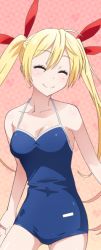 Rule 34 | 10s, 1girl, blonde hair, blue one-piece swimsuit, bow, breasts, cleavage, collarbone, competition school swimsuit, covered navel, cowboy shot, closed eyes, hair bow, hair ribbon, kirisaki chitoge, long hair, medium breasts, nisekoi, one-piece swimsuit, red ribbon, ribbon, school swimsuit, smile, solo, standing, swimsuit, twintails
