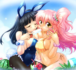 Rule 34 | 2girls, animal ears, aqua nails, arched back, bare shoulders, bendy straw, bikini, black hair, black legwear, blue hairband, blue leotard, blue sky, blunt bangs, blush, bracelet, breast press, breasts, cleavage, closed eyes, collarbone, covered erect nipples, cowboy shot, day, drink, drinking straw, eyelashes, eyes visible through hair, facing another, fake animal ears, fake tail, fingernails, floating hair, flower, food, frilled leotard, frills, fruit, groin, hair between eyes, hairband, hibiscus, holding hands, index finger raised, interlocked fingers, jewelry, leotard, licking, lime (fruit), lime slice, long fingernails, long hair, looking away, looking to the side, melting, midriff, multicolored bikini, multicolored clothes, multiple girls, nail polish, navel, one side up, open mouth, original, outdoors, pantyhose, pineapple, pink bikini, pink hair, playboy bunny, popsicle, rabbit ears, rabbit tail, ranbu hararin, scrunchie, sexually suggestive, shared food, side-tie bikini bottom, sidelocks, sitting, sky, stomach, strap pull, striped bikini, striped clothes, suggestive fluid, swimsuit, symmetrical docking, tail, tareme, thick eyebrows, tongue, tongue out, two-tone bikini, water, watermelon, wet, wrist cuffs, wrist scrunchie, yellow bikini, yellow eyes