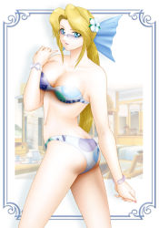 Rule 34 | 1girl, artist request, ass, bad anatomy, bikini, blonde hair, blue-tinted eyewear, blue-tinted glasses, blue eyes, bow, breasts, butt crack, cleavage, dead or alive, flower, helena douglas, large breasts, long hair, looking over eyewear, looking over glasses, navel, solo, sunglasses, swimsuit, tinted eyewear
