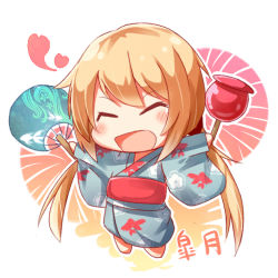 Rule 34 | 10s, 1girl, :d, ^ ^, alternate costume, apple, autumn, blonde hair, blush, candy apple, character name, chibi, closed eyes, hand fan, festival, fish, flower, food, fruit, gasuto (kamikami), hair ornament, happy, heart, japanese clothes, kantai collection, kimono, long hair, long sleeves, low twintails, open mouth, outstretched arms, satsuki (kancolle), smile, solo, twintails, yukata