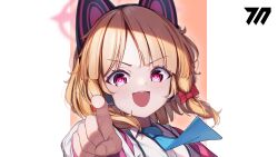 1girl absurdres animal_ear_headphones animal_ears blonde_hair blue_archive blue_necktie bow cat_ear_headphones fake_animal_ears hair_bow halo headphones highres jacket krita_(medium) momoi_(blue_archive) necktie open_mouth pink_eyes pink_halo pointing pointing_at_viewer raviolimavioli red_bow shirt solo white_jacket white_shirt