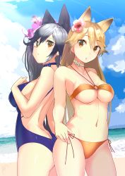 Rule 34 | 10s, :&lt;, absurdres, animal ears, beach, bikini, black hair, blonde hair, blue sky, blue one-piece swimsuit, breasts, brown eyes, casual one-piece swimsuit, choker, cleavage, cloud, cloudy sky, commentary request, contrapposto, cowboy shot, day, dutch angle, ezo red fox (kemono friends), flower, from side, gradient hair, hair flower, hair ornament, halterneck, highres, kemono friends, legs apart, long hair, looking at viewer, medium breasts, multicolored hair, navel, o-ring, o-ring bikini, one-piece swimsuit, orange bikini, outdoors, parted lips, sakuhiko, side-tie bikini bottom, silver fox (kemono friends), silver hair, sky, standing, stomach, swimsuit, two-tone hair