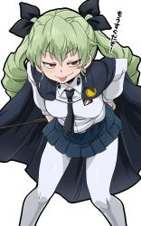 Rule 34 | 1girl, anchovy (girls und panzer), anzio (emblem), anzio school uniform, aono3, bright pupils, cape, drill hair, emblem, girls und panzer, green hair, hair ribbon, highres, leaning forward, long hair, long sleeves, looking at viewer, necktie, pantyhose, pleated skirt, red eyes, ribbon, school uniform, simple background, skirt, smile, solo, tongue, tongue out, twin drills, twintails, white background, white pantyhose, white pupils