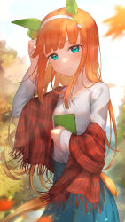 Rule 34 | 1girl, absurdres, alternate costume, animal ears, blue eyes, book, breasts, closed mouth, hairband, hand in own hair, highres, horse ears, horse girl, horse tail, leaf, long hair, looking at viewer, orange hair, sasahara kugui, scarf, shirt, silence suzuka (umamusume), simple background, small breasts, smile, solo, tail, umamusume, white shirt