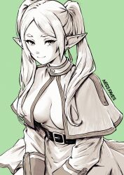 Rule 34 | 1girl, artist name, belt, belt buckle, black belt, breasts, buckle, capelet, closed mouth, commentary, dangle earrings, earrings, elf, english commentary, frieren, green background, green eyes, highres, jewelry, long hair, long sleeves, looking at viewer, medium breasts, miss faves, no shirt, parted bangs, pointy ears, short eyebrows, skirt, smile, solo, sousou no frieren, twintails, white capelet, white hair, white skirt