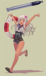 Rule 34 | 10s, 1girl, :d, arms up, blue eyes, blush, club3, crop top, flower, hair flower, hair ornament, kantai collection, long hair, looking at viewer, open mouth, ro-500 (kancolle), sailor collar, school swimsuit, school uniform, serafuku, silver hair, simple background, smile, solo, swimsuit, swimsuit under clothes, tan, tanline, torpedo