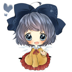 Rule 34 | 1girl, ahoge, alternate costume, arm up, blush, chibi, cirno, cocoa (artist), fang, grey eyes, grey hair, hairband, heart, open mouth, shii (cocoa), shirt, short hair, sitting, skirt, solo, touhou, wings
