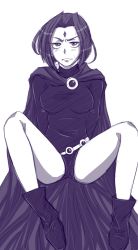 Rule 34 | annoyed, bare legs, blush, boots, breasts, cape, dc comics, large breasts, leotard, looking at viewer, raven (dc), short hair, sitting, spread legs, sweat, teen titans