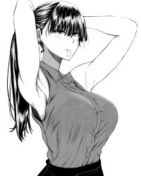 Rule 34 | 1girl, armpits, arms behind head, arms up, bare arms, bare shoulders, bra, breasts, closed mouth, collared shirt, deroo, dress shirt, earrings, greyscale, hair tie in mouth, highres, jewelry, lace, lace bra, large breasts, long hair, monochrome, mouth hold, office lady, original, pencil skirt, ponytail, see-through, shirt, skirt, sleeveless, sleeveless shirt, solo, tying hair, underwear