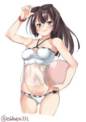 Rule 34 | 1girl, akizuki (kancolle), ball, beachball, bikini, black hair, blue eyes, blush, breasts, closed mouth, collarbone, commentary request, duplicate, ebifurya, eyewear on head, gluteal fold, groin, hair between eyes, highres, kantai collection, long hair, looking at viewer, navel, ponytail, small breasts, smile, solo, sunglasses, swimsuit, twitter username, white bikini