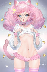 Rule 34 | 1girl, absurdres, animal ear fluff, animal ears, bell, blue eyes, breasts, cat ears, cat girl, cat tail, choker, clothes lift, cowboy shot, frilled panties, frills, glasses, gluteal fold, hair ornament, hands up, heart, highres, hitowa, jingle bell, lifting own clothes, long hair, looking at viewer, medium breasts, navel, neck bell, open mouth, original, panties, pink hair, pink panties, pink thighhighs, red choker, round eyewear, shirt, shirt lift, solo, standing, star (symbol), star hair ornament, stomach, striped clothes, striped thighhighs, tail, teeth, thighhighs, underboob, underwear, upper teeth only, white shirt, wrist cuffs