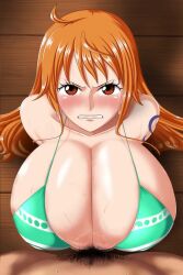 Rule 34 | 1boy, 1girl, animated, arm tattoo, bikini, breast press, breasts, breasts squeezed together, brown eyes, cum, cum on body, cum on upper body, earrings, ejaculation, eye contact, facial, handsfree paizuri, huge breasts, jewelry, juno (artist), juno (pixiv32541104), large penis, lips, long hair, looking at another, looking at viewer, looking up, nami (one piece), one piece, orange eyes, orange hair, paizuri, penis, pov, pubic hair, shiny skin, sound, sweat, sweatdrop, swimsuit, tagme, tattoo, veins, veiny penis, very long hair, video