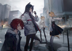 Rule 34 | 4girls, animal ear fluff, animal ears, arknights, black gloves, black hair, black legwear, black skirt, blonde hair, boots, breasts, building, cigarette, city, cloud, cloudy sky, commentary request, croissant (arknights), crossed arms, exusiai (arknights), fingerless gloves, fire, gloves, grey hoodie, hair over one eye, halo, hand in pocket, high-waist skirt, holding, holding cigarette, holding sword, holding weapon, hood, hood down, hooded jacket, hoodie, horns, huanxiang heitu, jacket, long hair, long sleeves, multiple girls, open clothes, open jacket, open mouth, outdoors, outstretched arm, pantyhose, pleated skirt, red eyes, red hair, shirt, short hair, short shorts, shorts, skirt, sky, skyscraper, smoke, smoking, sora (arknights), standing, sword, tail, texas (arknights), twintails, weapon, white footwear, white jacket, white legwear, white shirt, white shorts