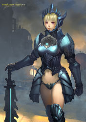 Rule 34 | 1girl, ariverkao, armor, bikini armor, blonde hair, english text, gauntlets, highres, knight, lips, looking at viewer, navel, original, purple eyes, revealing clothes, serious, short hair, signature, solo, sword, thighhighs, thighs, weapon