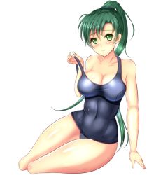 Rule 34 | 1girl, artist request, bare shoulders, blush, breasts, cleavage, covered navel, curvy, female focus, fire emblem, fire emblem: the blazing blade, green eyes, green hair, high ponytail, large breasts, long hair, looking at viewer, lyn (fire emblem), matching hair/eyes, navel, nintendo, one-piece swimsuit, ponytail, simple background, sitting, smile, solo, swimsuit, thick thighs, thighs, very long hair, white background, wide hips, yokozuwari