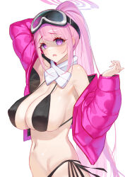 Rule 34 | 1girl, absurdres, bikini, black bikini, blue archive, blush, breasts, cleavage, covered erect nipples, eimi (blue archive), eimi (swimsuit) (blue archive), goggles, highres, large breasts, long hair, looking at viewer, official alternate costume, open mouth, pink eyes, pink hair, ponytail, serelith, shaded face, simple background, ski goggles, solo, swimsuit, white background