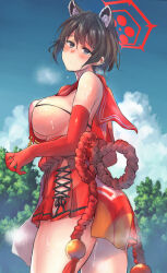 Rule 34 | 1girl, arm guards, bikini, bikini top only, black hair, blue archive, blue eyes, blue sky, branch, breasts, detached sleeves, elbow gloves, gloves, halo, highres, large breasts, red halo, revealing clothes, sailor collar, sawaya (mizukazu), short hair, sideboob, sky, solo, standing, steam, sweat, swimsuit, thighs, tsubaki (blue archive)