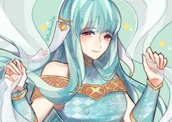 Rule 34 | 1girl, bare shoulders, blue hair, cape, dress, faithoala, fire emblem, fire emblem: the blazing blade, fire emblem heroes, hair ornament, highres, long hair, looking at viewer, ninian, nintendo, red eyes, smile, solo